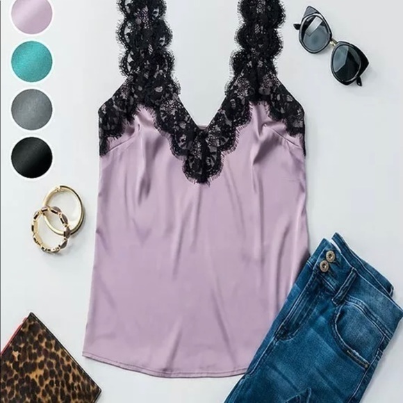 Black Eyelash Lace Silky Satin Relaxed Cami - Picture 7 of 7